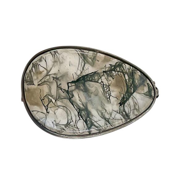 1980s Natural Green Moss Agate 835 Silver Frame Egg Shape Made in Sweden Pin - Picture 3 of 7